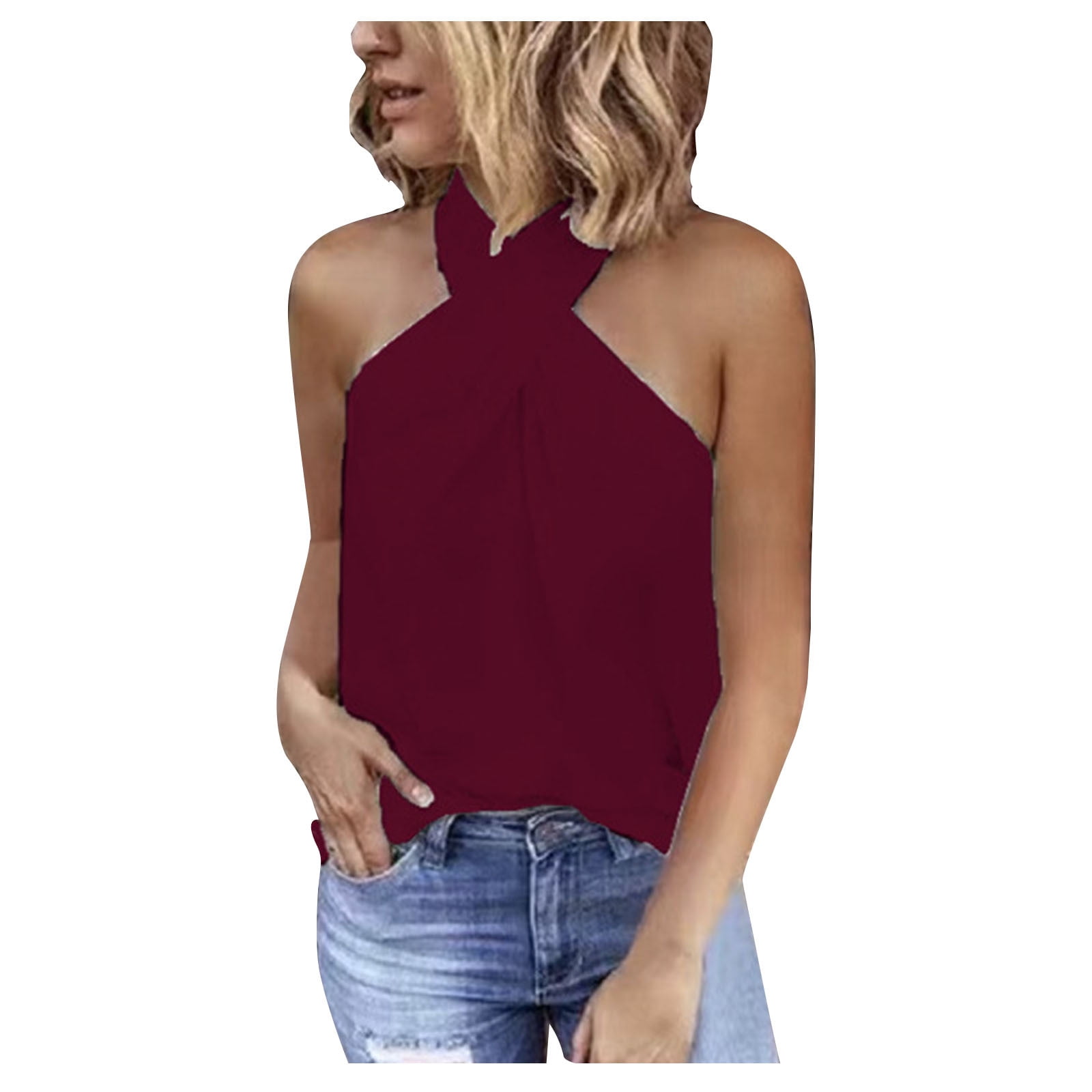 WDIRARA Women's Ribbed Knit Tank Top - Sleeveless Crisscross Back Cut Out Fitted Shirt