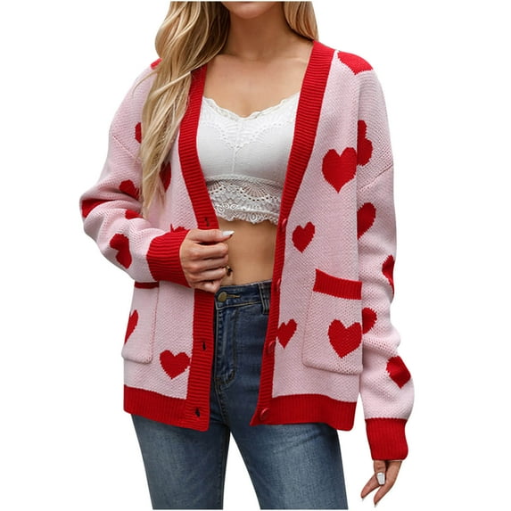 JUUYY Women's Cute Heart Cardigan Button Contrast Soft Knitted Valentine's Day Sweater Trendy Solid Color Clothes Pink XL