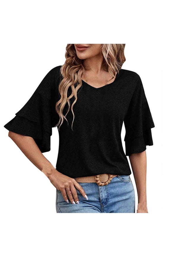 Women's Double Layer Bell Sleeve T Shirt V Neck Tee Top Casual Blouses Summer Fashion Clothes Loose Fit T Shirts Black L