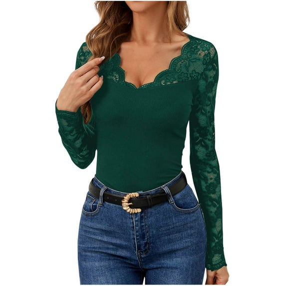 JUUYY Women's Embroidery Sheer Long Sleeves V-Neck Lace Blouse Top Casual Solid Ribbed Ladies Shirts Green M