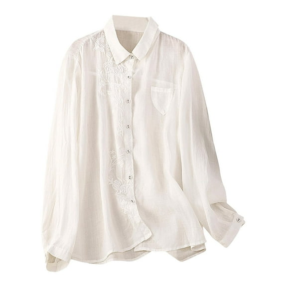 JUUYY Women's Embroidery Style Blouses Shirts Long Sleeve Cotton Linen Clothing Solid Color Breathable Clothes White XL