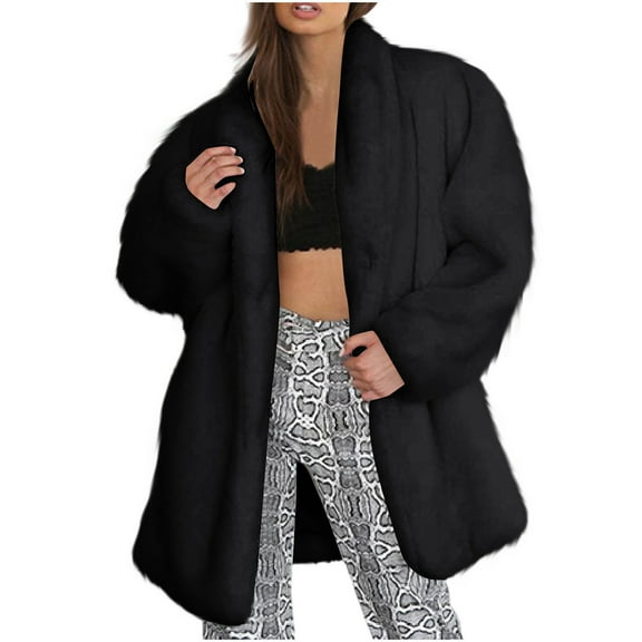 JUUYY Women's Faux Coat Fuzzy Warm Winter Oversized Outwear Fashion Casual Lightweight Long Cardigan Solid Color Jacket Black L