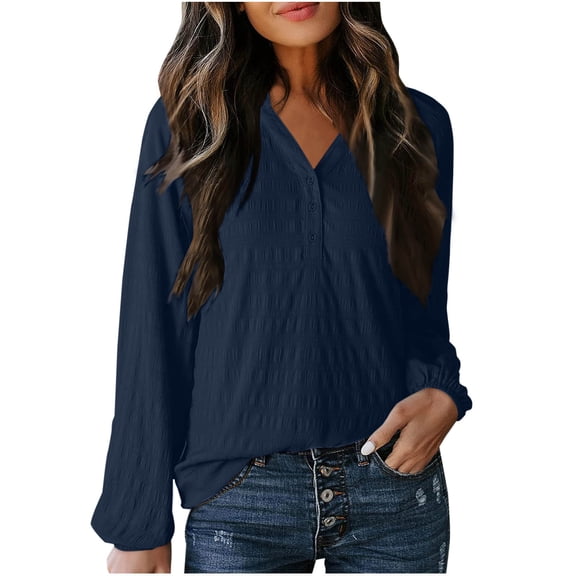 JUUYY Women's Henley Long Sleeve Shirts Lightweight Tunic Tops Casual Basic T-shirt Loose Fit Button Pullover Blouse Blue L