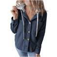 thumbnail image 1 of JUUYY Women's Hooded Shirt Jacket Fall Fashion Solid Color Shacket Long Sleeve Button Down Casual Boyfriend Drawstring Outfits Blue M, 1 of 6