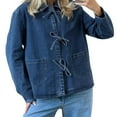 thumbnail image 1 of JUUYY Women's Jean Jacket Tie Front Denim Shacket Tops Fall Fashion Long Sleeve Shirts Solid Color Coat with Pockets Blue S, 1 of 5