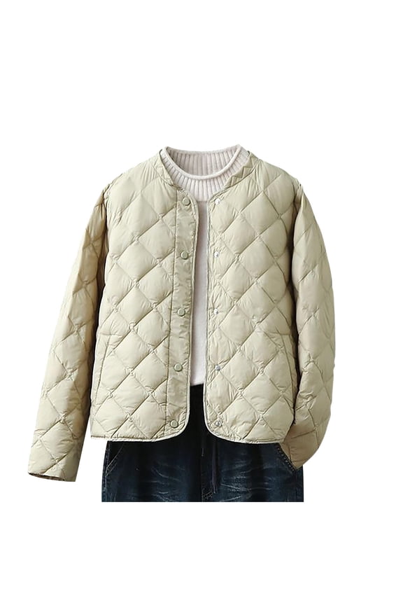 Women's Lightweight Quilted Puffer Jackets Button Down Collarless Casual Solid Winter Puffy Solid Color Coat with Pockets Beige M