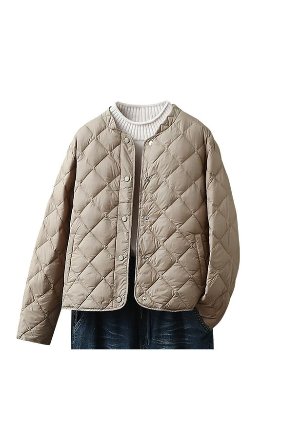 Women's Lightweight Quilted Puffer Jackets Button Down Collarless Casual Solid Winter Puffy Solid Color Coat with Pockets Khaki XXL