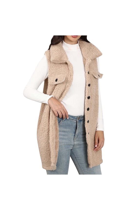 Women's Long Fuzzy Sherpa Fleece Vest Casual Sleeveless Outerwear Travel Button Up Jacket Lightweight Warm Trendy Waistcoat Beige XL