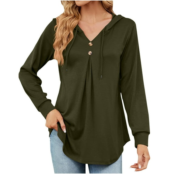 JUUYY Women's Long Sleeve Hooded Tunic Tops V-Neck Button Swing Pullover Hoodie Sweatshirts Army Green M