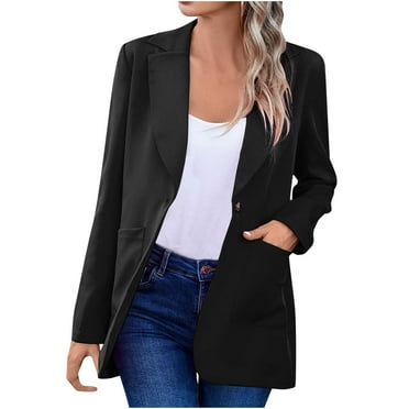 JUUYY Women's Open Front Blazers Long Sleeve Casual Office Slim Buttonless Trendy Suit Jacket with Pockets Black L