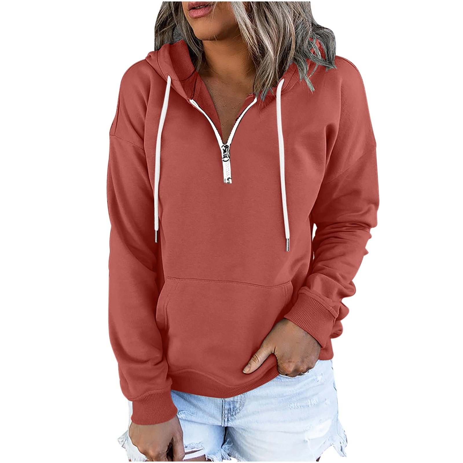 JUUYY Women's Plus Size Hoodies Solid Quarter Zip-Up Casual Drawstring  Hooded Sweatshirts Lightweight Long Sleeve Pullover Tops with Pocket Hot  Pink S 