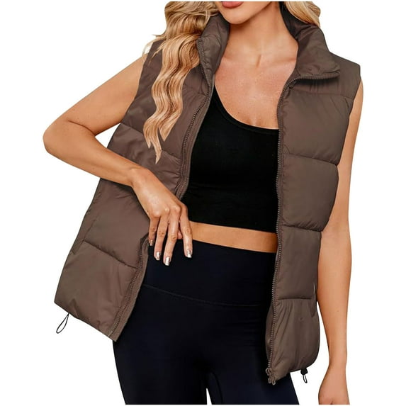 JUUYY Women's Puffer Vest Outerwear Vests Puffy Oversized Sleeveless Zip Up Padded Stand Collar Jacket Coat Warm Brown XL