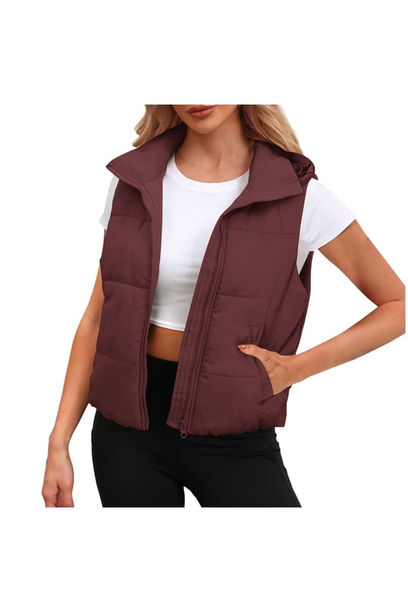 Women's Puffer Vest Stand Collar Zip Up Sleeveless Padded Gilet Trendy Solid Color Coat with Pockets Wine L