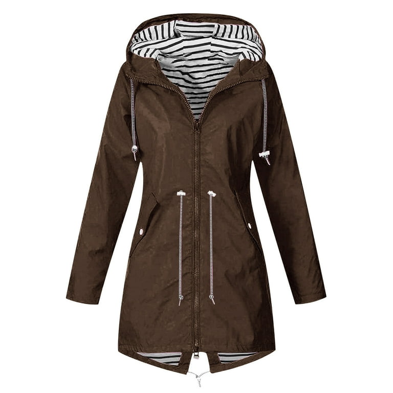 JUUYY Women s Rain Jacket Plus Size Long Raincoat Lightweight Drawstring Hooded Windbreaker Outdoor Trench Coat Waterproof Jackets with Pockets Brown XL Walmart