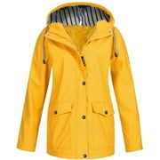 JUUYY Women's Raincoats Windbreaker Rain Jacket Waterproof Lightweight Plus Size Long Sleeve Outdoor Drawstring Hooded Trench Coats with Pocket Yellow#01 XL