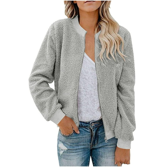 JUUYY Women's Sherpa Fleece Jacket Faux Fuzzy Long Sleeve Casual Zip Up Bomber Solid Color Trendy Coat Gray S