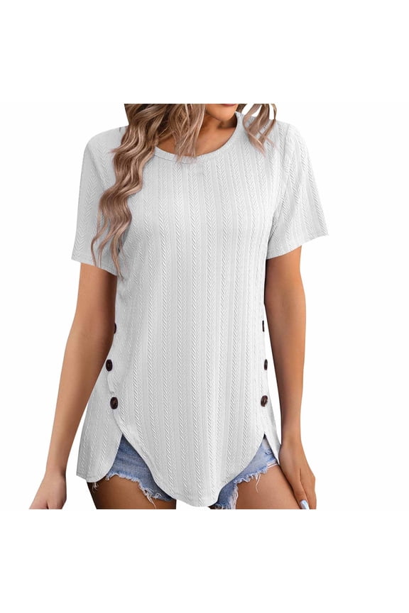 Women's Summer Tees Tops Dressy Casual Crewneck Short Sleeve Jacquard Textured Trendy T Shirts with Side Split White M