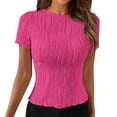 thumbnail image 1 of JUUYY Women's Textured Tops Short Sleeve Blouse Crewneck Shirts Solid Tunic Summer Basic Tees Work Loose Casual Outfits Hot Pink XXL, 1 of 8