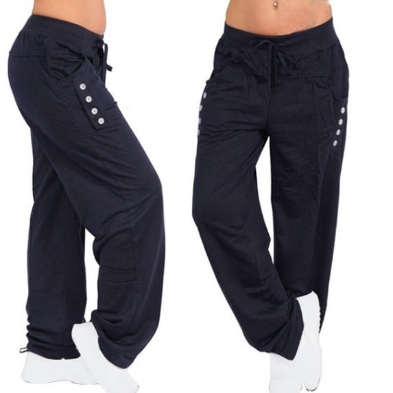 JUUYY Women's Wide Leg Yoga Sport Pants with Pockets Button Decor Loose Casual Fall/Winter Drawstring Workout Sweatpants Elastic Waist Cotton Trousers Baggy Long Pants Navy M