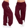 thumbnail image 1 of JUUYY Women's Wide Leg Yoga Sport Pants with Pockets Button Decor Loose Casual Fall/Winter Drawstring Workout Sweatpants Elastic Waist Cotton Trousers Baggy Long Pants Wine XXL, 1 of 8