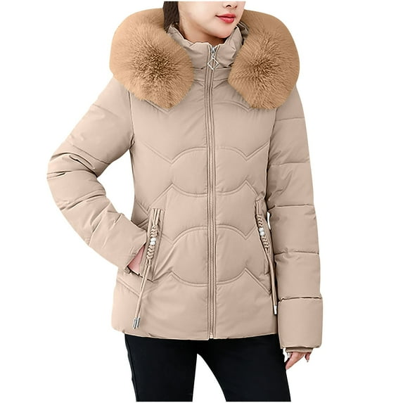 JUUYY Women's Winter Puffer Jacket Cold-Resistant Patchwork Plush Lining Coat with Collar Hooded Khaki XXL