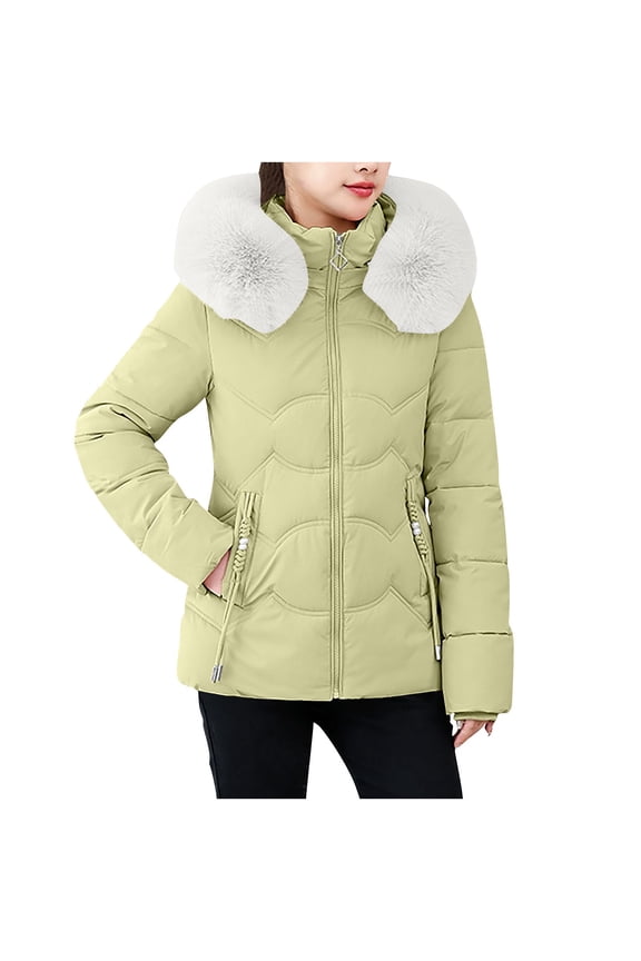 Women's Winter Puffer Jacket Cold-Resistant Patchwork Plush Lining Coat with Collar Hooded Yellow XXXL
