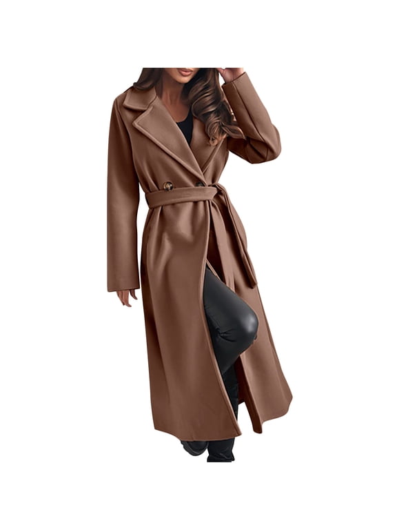Women's Wool Blend Coat Oversized Long Winter Dress Coats Thicken Warm Pea Coat Jackets Trendy Outerwear Coffee M