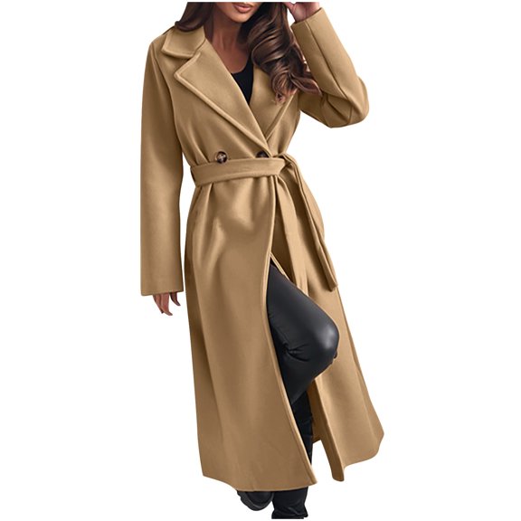 JUUYY Women's Wool Blend Coat Oversized Long Winter Dress Coats Thicken Warm Pea Coat Jackets Trendy Outerwear Khaki XXL