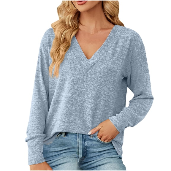 JUUYY Womens Casual Oversized Shirt Trendy Solid Color V Neck Long Sleeve Blouses Loose Fit Work Office Tunic Tops Light Blue L
