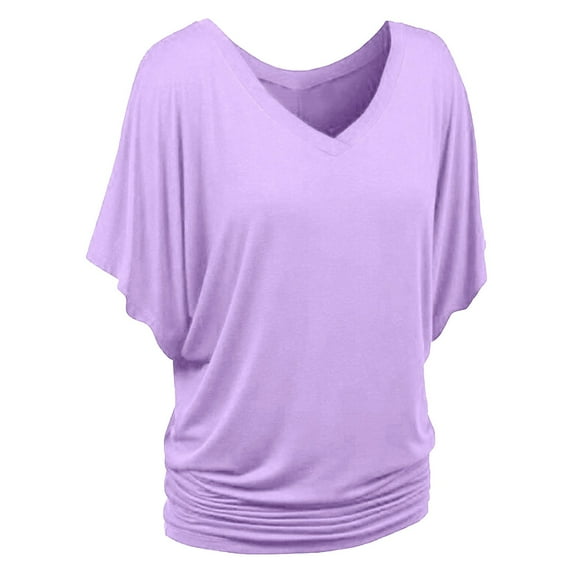JUUYY Womens Casual Solid Color Short Sleeve Boat Neck/V Neck Dolman Top T Shirt with Side Shirring Purple XXXXL