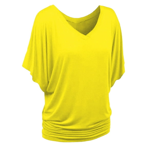 JUUYY Womens Casual Solid Color Short Sleeve Boat Neck/V Neck Dolman Top T Shirt with Side Shirring Yellow XL