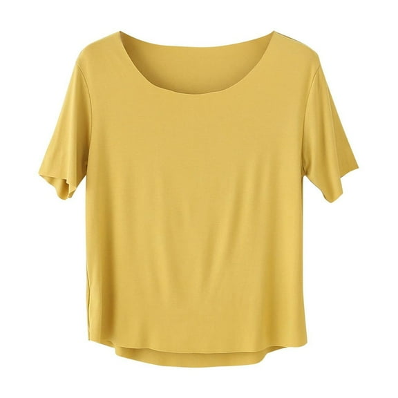 JUUYY Womens Girls Modal Cotton Short Sleeve Shirts Casual Solid Crew Neck T-Shirts Relaxed Basic Tee Tops Yellow#1 L
