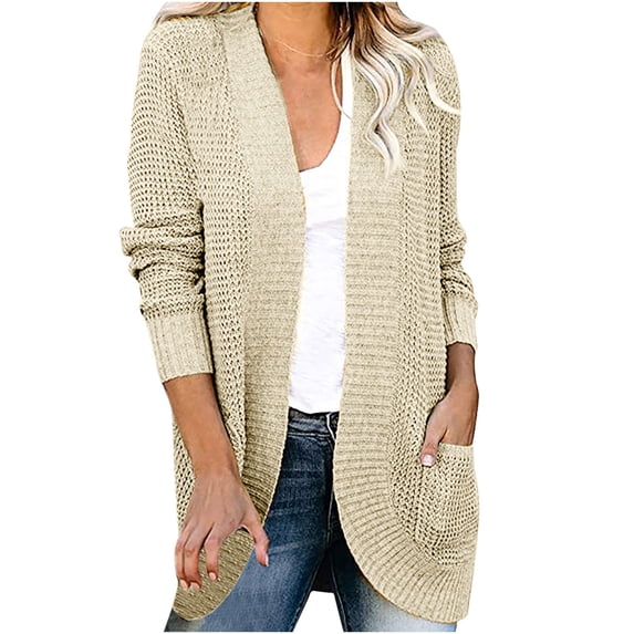 JUUYY Womens Long Sleeve Open Front Cardigans Tops Loose Lightweight Casual Soft Chunky Knit Draped Sweaters Fall Solid Coat Outerwear with Pockets Z01-Beige XXXL