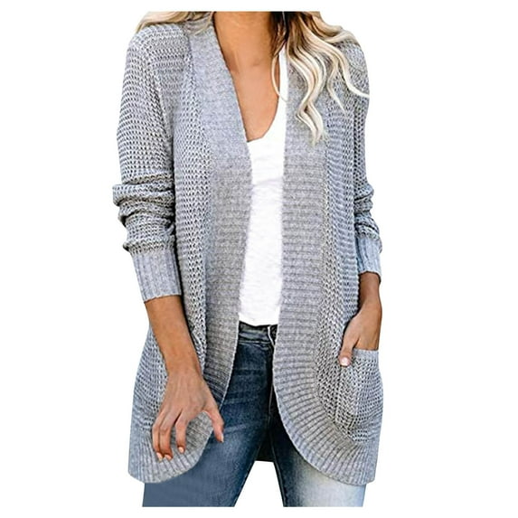 JUUYY Womens Long Sleeve Open Front Cardigans Tops Loose Lightweight Casual Soft Chunky Knit Draped Sweaters Fall Solid Coat Outerwear with Pockets Z01-Gray L