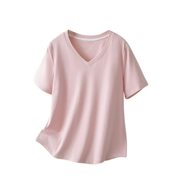 JUUYY Womens Solid Color Cotton Basic T-Shirts Short Sleeve V-Neck Pajamas Top Loose Fit Casual Shirt Pink XL