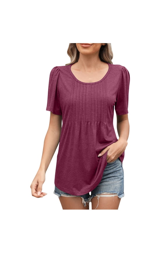 Womens Summer Casual Puff Short Sleeve T-Shirts Square Neck Pleated Flowy Trendy Tunic Tops for Women Wine XXL