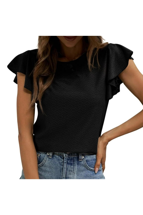 Womens Summer Cotton Blouses Shirts Dressy Loose Casual Ruffled Sleeve Crewneck Business Work Tops Black S