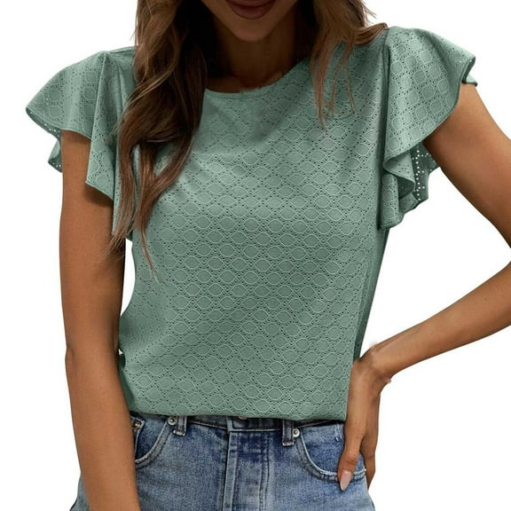 JUUYY Womens Summer Cotton Blouses Shirts Dressy Loose Casual Ruffled Sleeve Crewneck Business Work Tops Green XXL