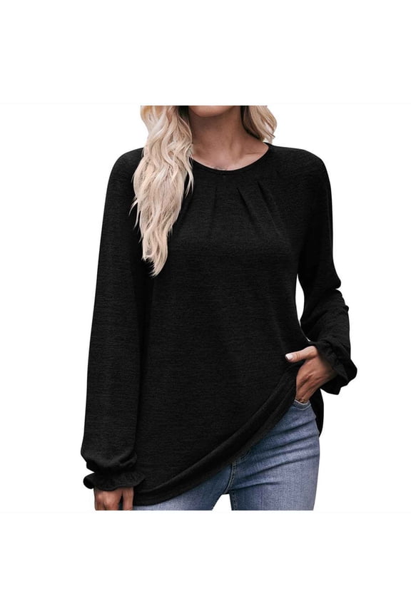 Womens Tops Puff Long Sleeve Shirts Fall Spring Casual Crew Neck Pullover Blouse Lightweight Soft Tunics Tees Black XXL