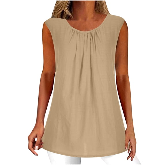 JUUYY Workout Tank Tops for Women Plus Size Casual Sleeveless Round Neck Plain Tees Shirt Loose Flowy Comfy Cotton Linen Pleated Tunic Blouse Khaki M