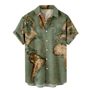 JUUYY World Map Print Beach Hawaiian Bowling Shirts for Men Big and Tall Regular Fit Vintage Printed Short Sleeve Button Down Graphic T-Shirts Tops Army Green S