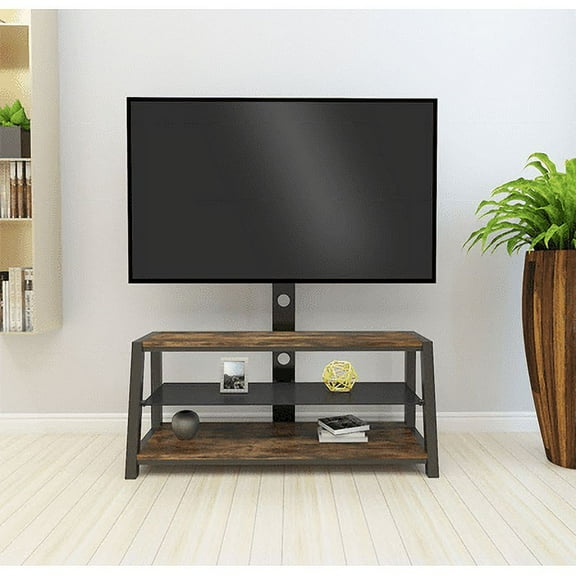 JUWANGSHANG 45.6" Wooden Floor TV Stand with Swivel Mount for 32-65 Inch Large LCD/LED TVs, Height Adjustable Tall TV Stand Mount with Three Layers of Shelves, Black