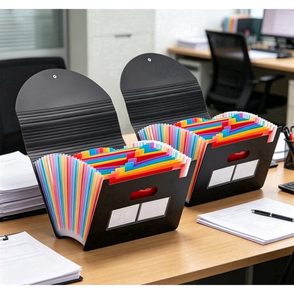 JUXIAO 2PCS Black 13 Pocket Expanding File Folders for Paper Receipts, Bills & Taxes Organizer, Letter/A4 Size Document Holder for School, Office, Home with Colorful Tabs