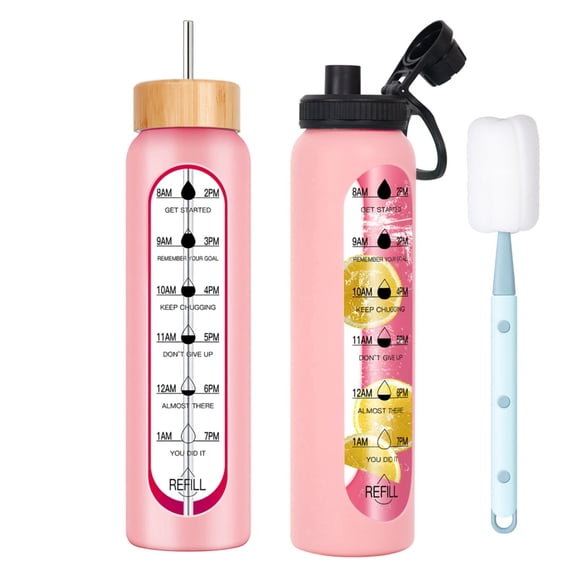 JUXIAO 32 oz Glass Water Bottle with Time Marker Reminder and Plastic Sleeve with Extra Lid, Cup Brushes - Reusable, Wide Mouth, 1 Liter Glass Drinking Bottle, Motivational Hydration, Pink