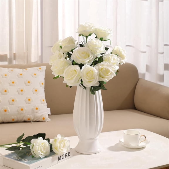 JUXIAO 12 PCS Artificial White Rose Fake Flowers, 20'' Bouquet Long Stem Blossom Rose Flowers, Real Touch Satin Faux Roses with Stem Rose Bouquets for Home Decoration, Wedding, Party, Garden Floral