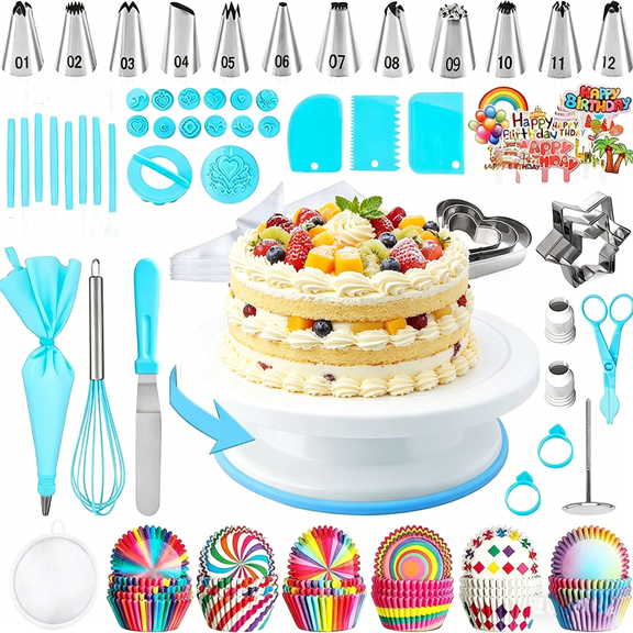 JUXIAO Blue 255 PCS Cake Decorating Kit for Baking - Cake Decorating Supplies withTurntable, Piping Tips, Spatulas, Cookie Cutters, Fondant Tools and More, Ideal for Beginners & Baking Enthusiasts