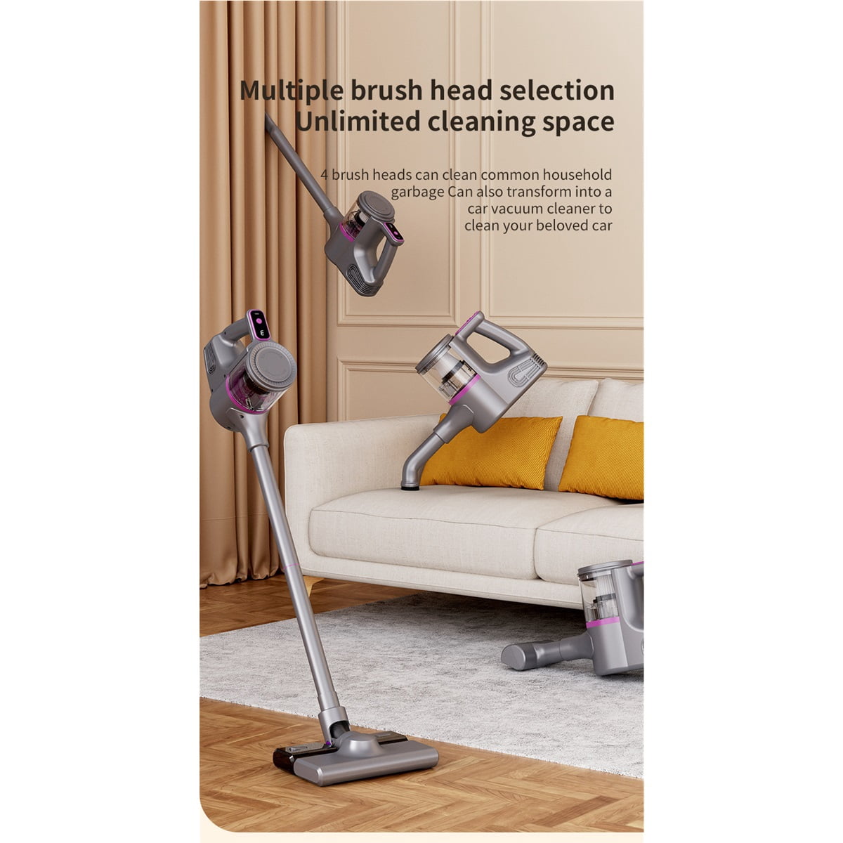 JUXIAO Cordless Vacuum & Mop Cleaner, 3000mAh 4-in-1 Lightweight Upright, Lightweight Stick Vacuum with 3 Attachments for Hard Floor, Carpet, Pet Hair, Home & Car Cleaning, Gray