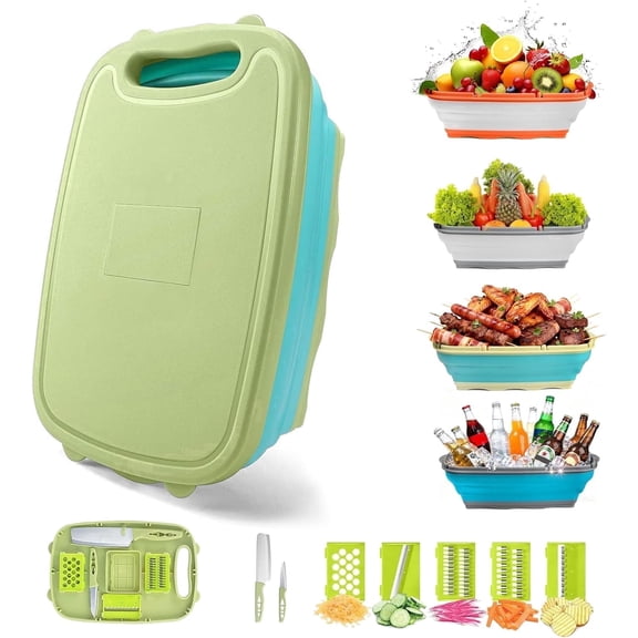 JUXIAO Collapsible Cutting Board Set, 9 in 1 Multifunctional Cutting Board with Colander Portable and Foldable Chopping Board for Outdoor Camping, Picnic, Kitchen, Apartments, Dorms,Green