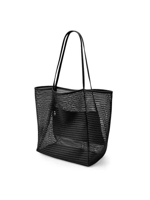Tote Bag, Beach Mesh Tote Bag for Women, Large Travel & Pool Bag with Inner Pocket, Foldable Swim Tote Bag for Vacation, Shopping, Beach Picnic, Black