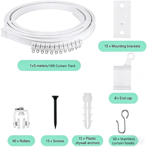 JUXIAO White Silent Curved Ceiling Curtain Track, 16.4 ft Flexible and Bendable Ceiling-Mounted Curtain Track System, Suitable for Rooms, Windows, and Bathroom Partitions